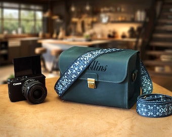 Blue Camera Bag Personalized with Leather & Nylon Straps, Engraved Photographer Camera Case, Custom Travel Camera Bag, Carry Case Camera