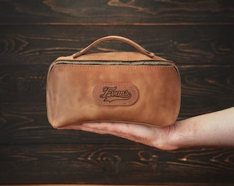 Engraved Dopp Kit with Name, Logo, Initials, Spacious Travel Cosmetic Organizer, Personalized Toiletry Pouch, Man&#39;s Leather Dopp Kit