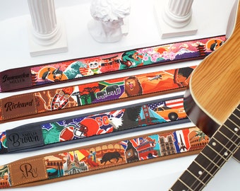 Customized Guitar Strap with Print Pattern, Crossbody Strap for Acoustic Bass Electric Guitar, Soft Leather Guitar Strap, Guitar Player Gift