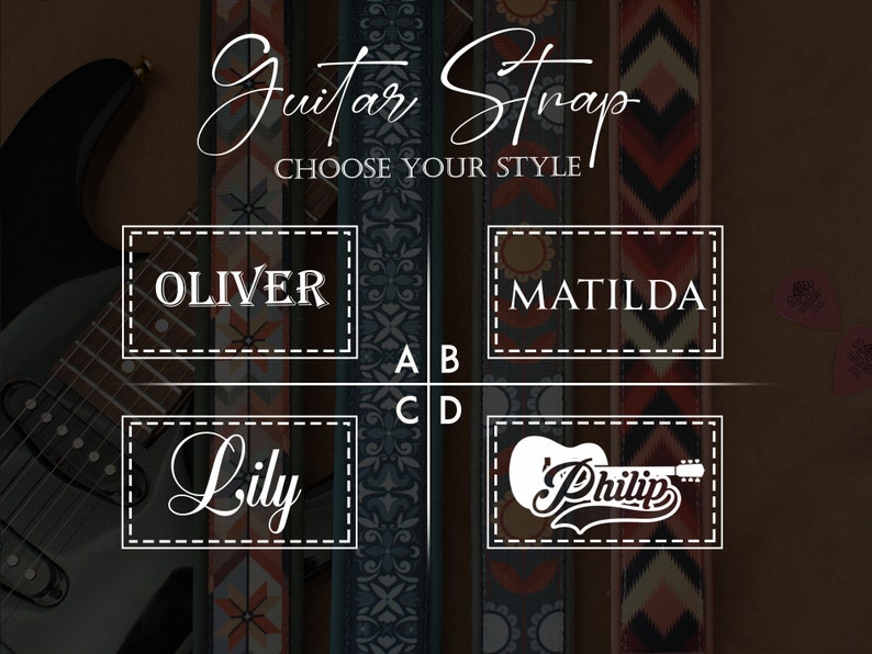 May include: Four guitar strap designs with different patterns and names: Oliver, Matilda, Lily, and Philip. Choose your style.