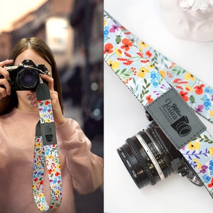 女性用花柄カメラストラップ、名前入りパーソナライズカメラストラップ、Nikon Sony Canonカメラ用花柄ショルダーネックストラップ