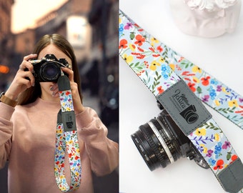 Floraler Kameragurt für Frauen, Personalisierter Kameragurt mit Namen, Blumenmuster Schultergurt für Kamera Nikon Sony Canon