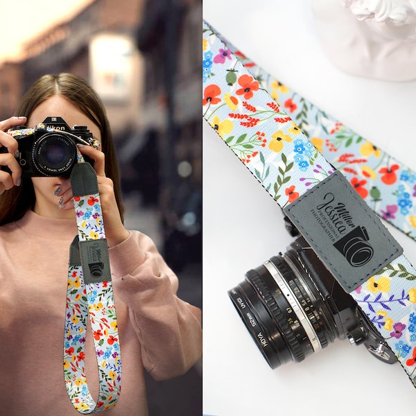 Floral camerariem voor dames, gepersonaliseerde camerariem met naam, schouderriem met bloemenpatroon voor camera Nikon Sony Canon