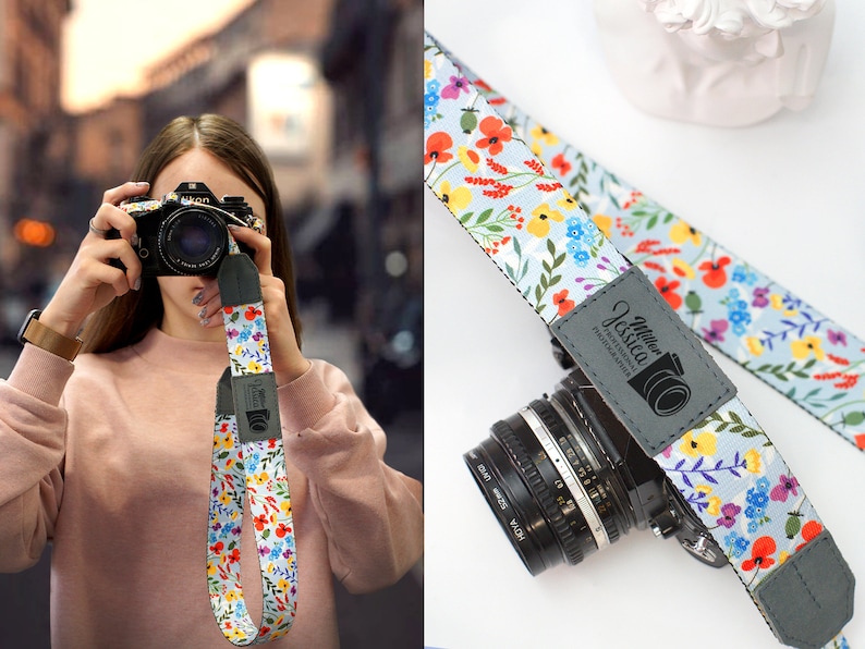 Floraler Kameragurt für Frauen, Personalisierter Kameragurt mit Namen, Blumenmuster Schultergurt für Kamera Nikon Sony Canon Bild 1
