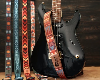 Custom Guitar Strap with Leather Base, Personalized Strap for Acoustic Electric Guitar, Engraved Guitar Straps with Leather Pick Holder
