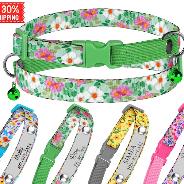 Flowers Design Cat Collar with Name Plate, Personalized Cat Collar, Girl Cat Collars Female, Green Cat Collar with Buckle, Engraved Collars