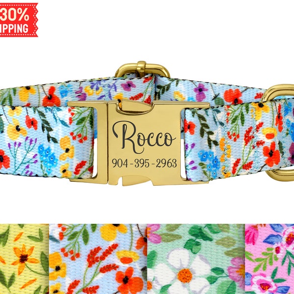 Wildflowers Pattern Dog Collar, Personalized Collar for Girl Dogs, Blue Floral Pet Collar, Female Dog Collar, Puppy Collar, Print Dog Collar