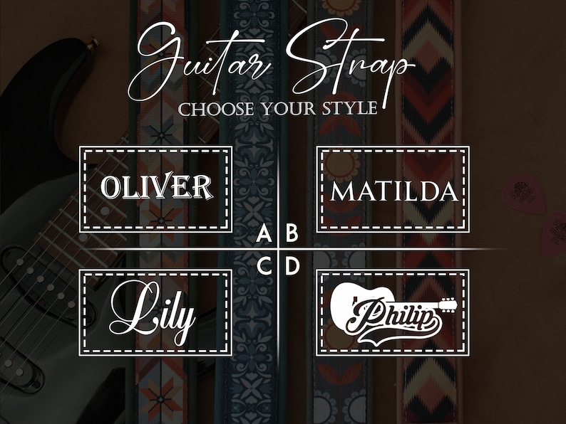 Puede incluir: Cuatro dise&ntilde;os de correa de guitarra con diferentes patrones y nombres: Oliver, Matilda, Lily y Philip. Elige tu estilo.