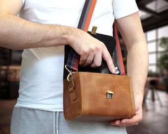 Brown Leather Camera Bag -6 Adjustable Straps, Personalized Crossbody Bag for Photographer, Protective Travel Bag for DSLR Mirrorless Camera