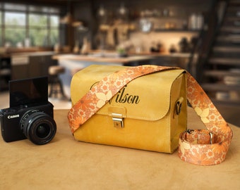 Yellow Leather Camera Bag with Customizable Strap Options, Genuine Leather Equipment Bag, Personalized Camera Carrier, Engraved Camera Pack