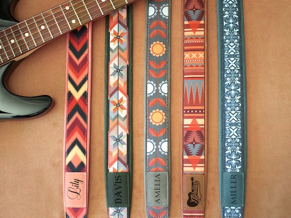 Engraved Soft Strap for Guitar, Guitar Player Gift, Tribal Pattern Guitar Strap, Custom Acoustic Guitar Strap, Leather Guitar Accessories