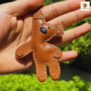 Handmade Leather Teddy Bear Bag Charm: Cowhide Keychain Accessory