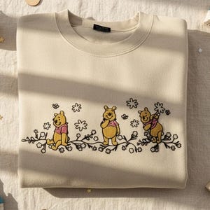 Embroidered Winnie the Pooh Floral Sweatshirt, Cute Pooh Bear Spring Embroidery Crewneck, Disney Cottagecore Aesthetic, Disneyland Trip