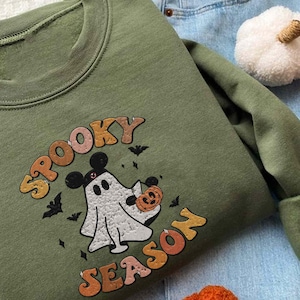 Embroidered Mickey Boo Spooky Season Halloween Sweatshirt, Mickey Mouse Pumpkin Embroidery Sweater, Disneyland Halloween Trip, Disney Ghost