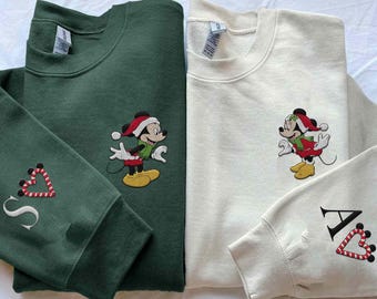 Custom Embroidered Disney Mickey Minnie Couple Matching Sweatshirt, Personalized Name On Sleeve Embroidery, Christmas Gift For Him Her