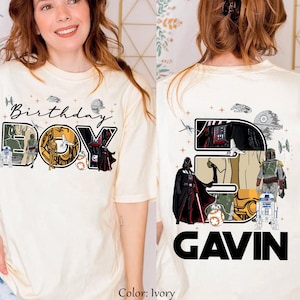 Two Sided Custom Kid Name Age Star Wars Birthday Boy T-shirt, Personalized Darth Vader R2D2 BB8 Birthday Tee, Galaxy&#39;s Edge Trip Outfit
