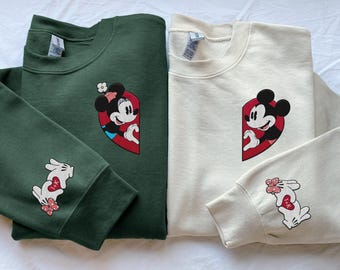 Custom Embroidered Disney Mickey Minnie Couple Sweatshirt, Personalized Name On Sleeve Embroidery, Wedding Anniversary Gift For Him Her