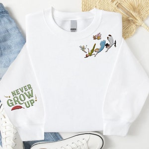 Embroidered Peter Pan Tinker Bell Flying Cast Never Grow Up Sweatshirt, Peter Pan Neverland Disney Embroidery Shirt, Disneyland Trip Outfit