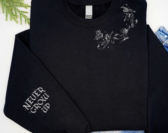 Embroidered Peter Pan Flying Cast Graphic Never Grow Up Sweatshirt, Peter Pan Neverland Disney Embroidery Shirt, Disneyland Trip Outfit