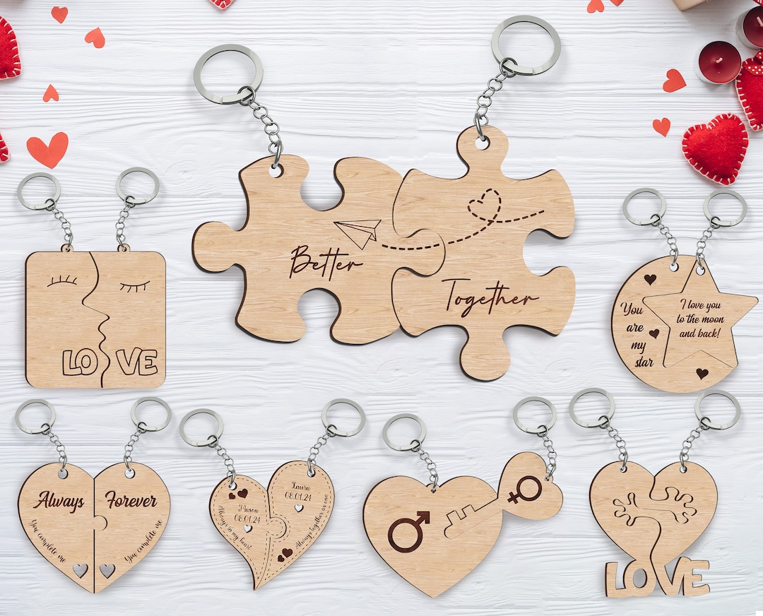 6 Files Interlocking Keychains Laser Cut Relationship Matching Wooden
