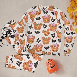 Disney Halloween Mickey Minnie Pumpkin Pajamas Set, Cute Mickey Minnie Pumpkin Bat Coquette Bow Pajamas, Halloween Pajamas For Kid Adult