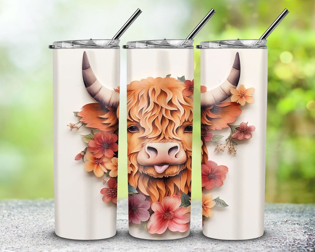 3D Highland Cow Floral 2 PNG Files 20oz Tumbler Wrap Skinny - Etsy