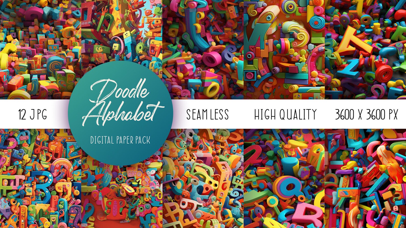 Doodle Alphabet Digital Paper, Seamless Cartoon Pattern, Seamless 3D ...