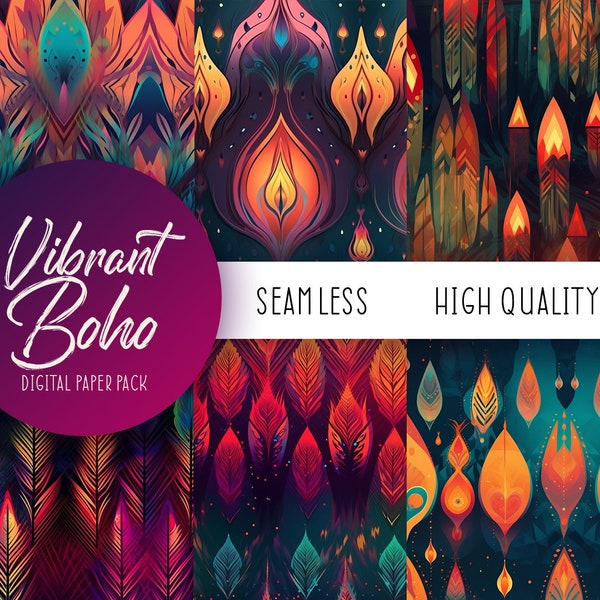 Vibrant Boho Seamless Digital Paper, Glowing Native American Tile Patterns, Neon Feathers, Tribal Art