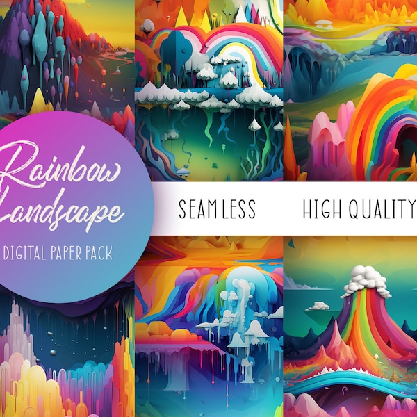 Rainbow Landscape Digital Paper, Seamless Rainbow Pattern, Multicolored Nature Texture, Vector Rainbow Print