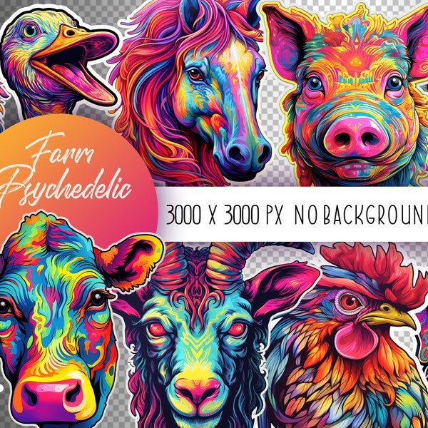 Psychedelic Farm Clipart, Trippy Animals Sticker Pack, Acid Animals PNG, Multicolore Creatures, 10 Images transparentes, 3000 X 3000 PX