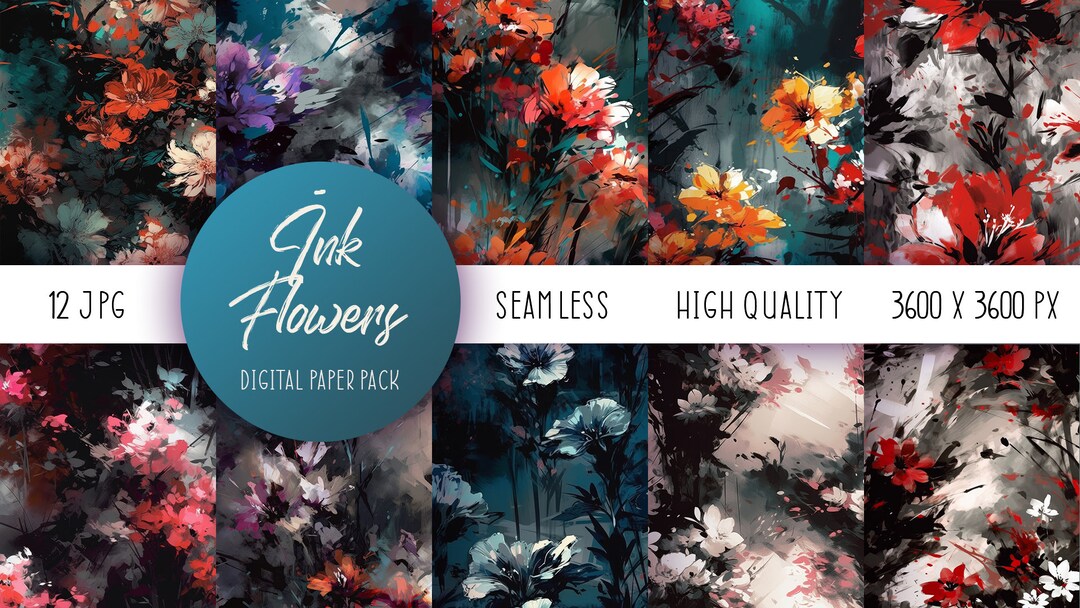 Ink Flowers Digital Paper, Floral Clipart, Dark Flowers Digital Paper ...