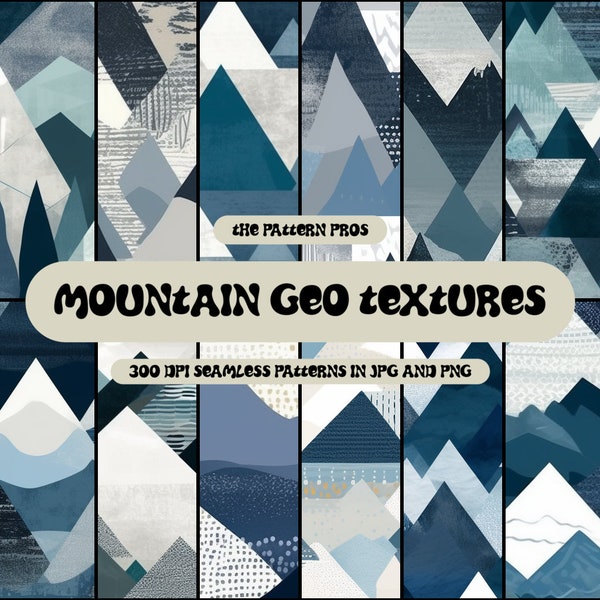 12 Mountain Adventure Seamless Digital Patterns | Geometric, Dashed Lines, Rough Texture | Grey & Blue, JPG + PNG | Digital Papers