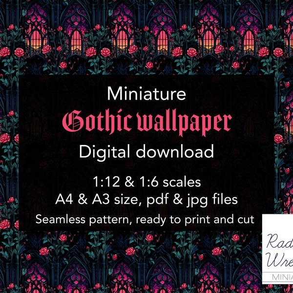 Gothic Dollhouse Wallpaper, dark sunset and creeping rose vine. 1/12 & 1/6 scales for miniatures, PDF/JPG Files. Instant Digital Download