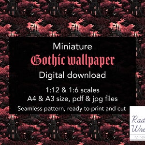 Whimsical spooky Dollhouse Wallpaper, creepy halloween beautiful. 1/12 & 1/6 scales for miniatures, PDF/JPG Files. Instant Digital Download