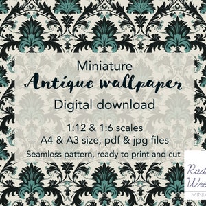 Damask Dollhouse Wallpaper, antique design. Pack includes 1/12 and 1/6 scales for miniatures, PDF/JPG Files. Instant Digital Download