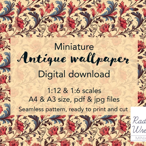 Antique Dollhouse Wallpaper Georgian design. Pack includes 1/12 and 1/6 scales for miniatures, PDF/JPG Files. Instant Digital Download