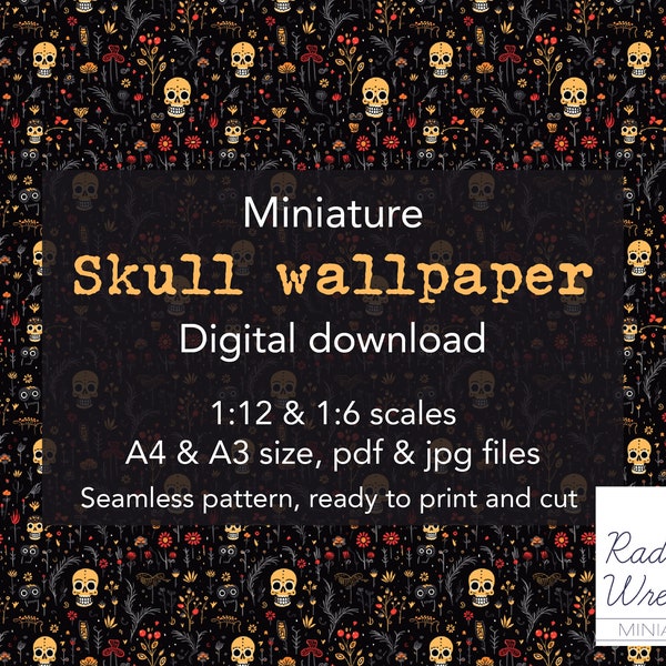 Cute Skull Dollhouse Wallpaper simplistic style. Pack includes 1/12 and 1/6 scales for miniatures, PDF/JPG Files. Instant Digital Download