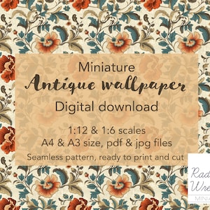 Antique dollhouse Wallpaper pack, cute floral design. 1/12 and 1/6 scales for miniatures, PDF/JPG Files, Instant Digital Download