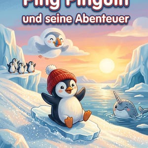 May include: A colorful illustration titled Ping Pinguin und seine Abenteuer featuring a penguin wearing a red knit hat sliding on ice, a flying puffin, three small penguins on a cliff, and a narwhal in the water under a bright sun.