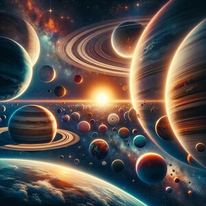 Könnte beinhalten: Eine farbenfrohe Illustration eines Sonnensystems mit einer strahlenden Sonne und vielen Planeten, einige mit Ringen, in einem dunkelblauen Raum mit Sternen.