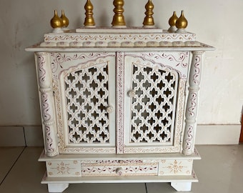 Handcrafted Wooden Temple Mandir: White & Gold Pooja Ghar with Drawer Strorage