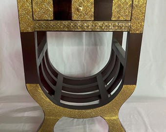 Vintage Brass Embossed Side Table, Handmade Wooden Nightstand, Indian Carved Black Gold Bedside Table