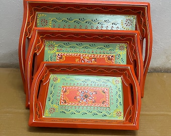 Multicolor Wood Serving Tray Set: Decorative Nesting Trays with Handles