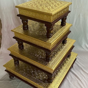 Wooden Pooja Chowki, Handmade Walnut Chowki Gold Brass Fitted, Handcrafted Bajot, Pooja Stool, Handmade Bajot, Indian Bajot Decor Art