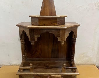 Templo Pooja de madera de sheesham hecho a mano: templo plegable para el hogar con espacio de almacenamiento