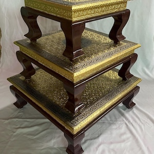 Wooden Pooja Chowki, Handmade Curved Leg Chowki Gold Brass Fitted, Handcrafted Bajot, Pooja Stool, Handmade Bajot, Indian Bajot Decor Art