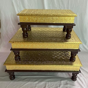 Wooden Pooja Chowki, Handmade Rectangle Chowki Gold Brass Fitted, Handcrafted Bajot, Pooja Stool, Handmade Bajot, Indian Bajot Decor Art