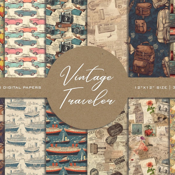 Vintage Traveler - 12 Seamless Digital Paper Patterns, Travel Scrapbook, Adventurer theme