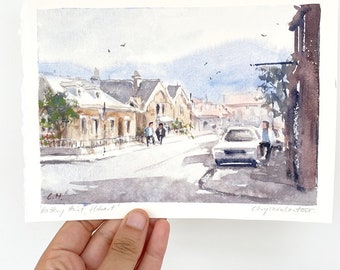 Hobart landscape watercolour original painting, small 5 x 7" size, Tasmania Australia streetscape unframed artwork gift idea