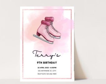 Ice Skating Birthday Invitation, EDITABLE Winter Skate Party Invite Template, Pastel Snowflake, Kid Outdoor Ice Rink, Instant Download